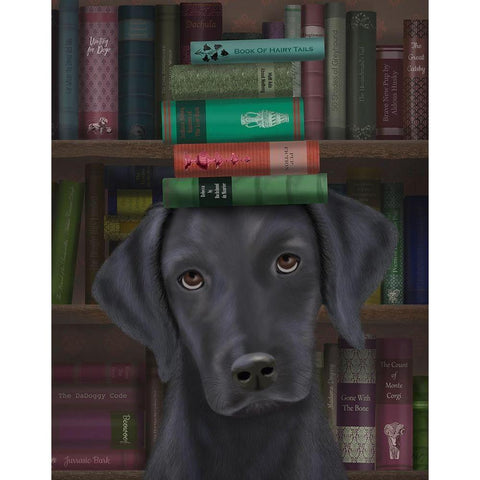 Black Labrador and Books Black Modern Wood Framed Art Print with Double Matting by Fab Funky