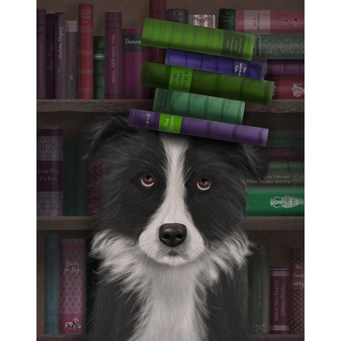 Border Collie, Black and White, and Books Gold Ornate Wood Framed Art Print with Double Matting by Fab Funky