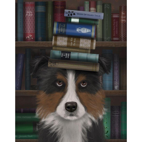 Border Collie, Tricolour, and Books Black Modern Wood Framed Art Print with Double Matting by Fab Funky