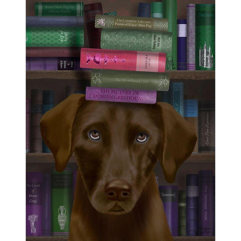 Brown Labrador and Books White Modern Wood Framed Art Print by Fab Funky