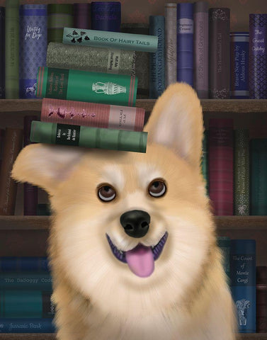 Corgi and Books Black Ornate Wood Framed Art Print with Double Matting by Fab Funky