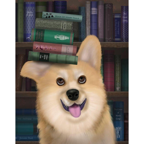 Corgi and Books Black Modern Wood Framed Art Print with Double Matting by Fab Funky