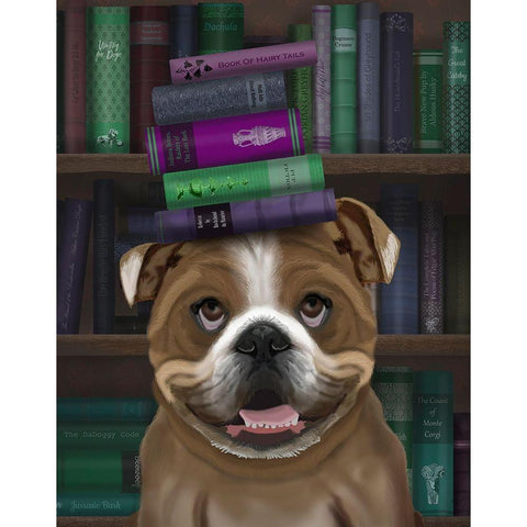 English Bulldog And Books White Modern Wood Framed Art Print by Fab Funky