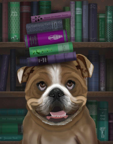 English Bulldog And Books White Modern Wood Framed Art Print with Double Matting by Fab Funky