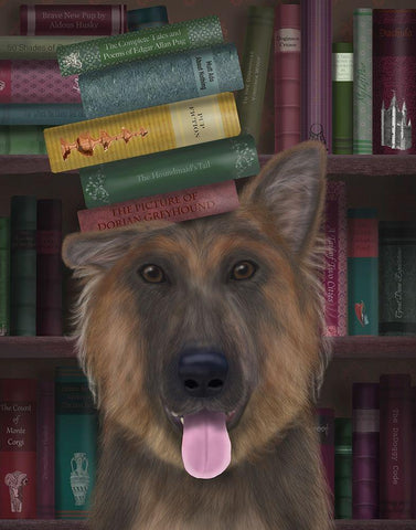 German Shepherd and Books White Modern Wood Framed Art Print with Double Matting by Fab Funky