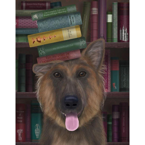 German Shepherd and Books White Modern Wood Framed Art Print by Fab Funky