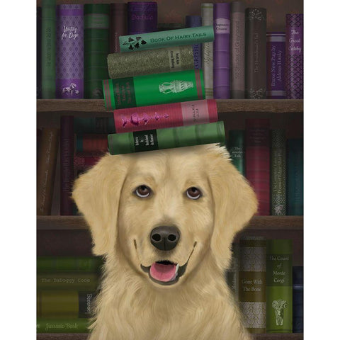 Golden Retriever and Books Black Modern Wood Framed Art Print with Double Matting by Fab Funky