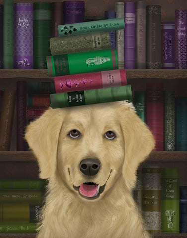 Golden Retriever and Books Black Ornate Wood Framed Art Print with Double Matting by Fab Funky