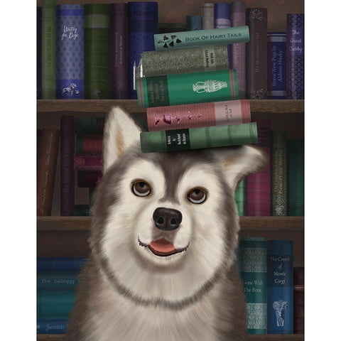 Husky and Books Black Modern Wood Framed Art Print with Double Matting by Fab Funky