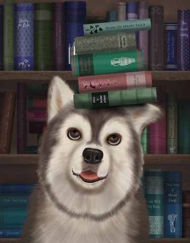 Husky and Books Black Ornate Wood Framed Art Print with Double Matting by Fab Funky