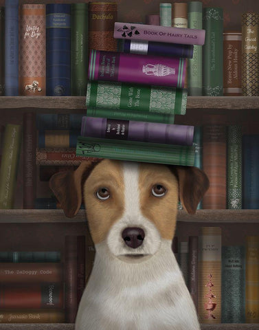 Jack Russell and Books Black Ornate Wood Framed Art Print with Double Matting by Fab Funky