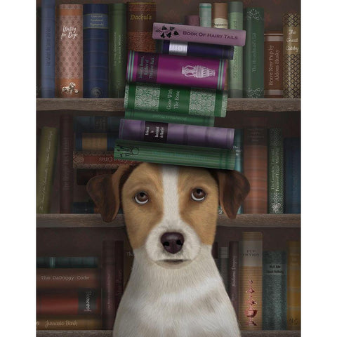 Jack Russell and Books Black Modern Wood Framed Art Print with Double Matting by Fab Funky