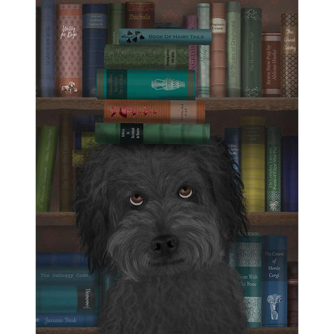 Labradoodle, Black, and Books White Modern Wood Framed Art Print by Fab Funky