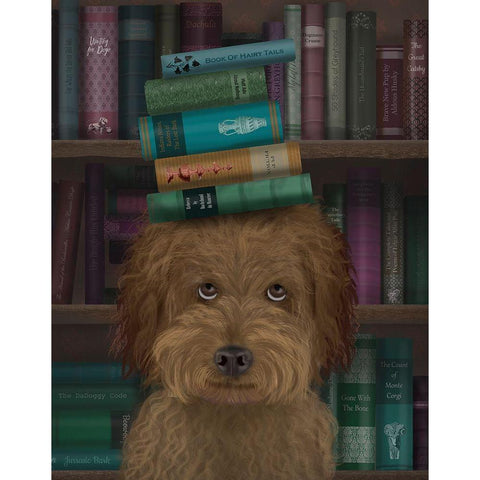 Labradoodle, Brown, and Books Gold Ornate Wood Framed Art Print with Double Matting by Fab Funky