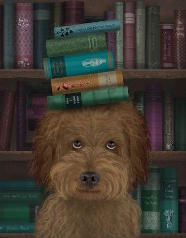 Labradoodle, Brown, and Books Black Ornate Wood Framed Art Print with Double Matting by Fab Funky