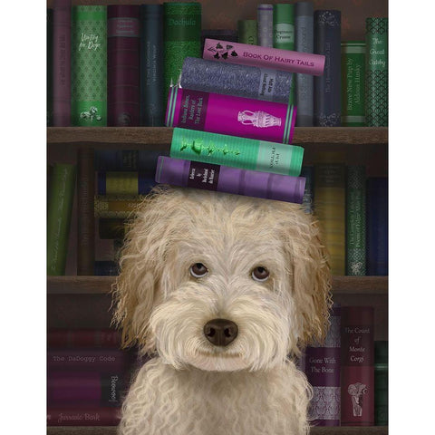 Labradoodle, Cream, and Books Gold Ornate Wood Framed Art Print with Double Matting by Fab Funky