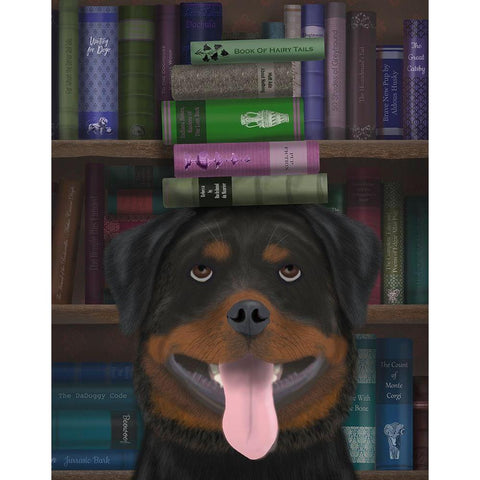 Rottweiller and Books Gold Ornate Wood Framed Art Print with Double Matting by Fab Funky