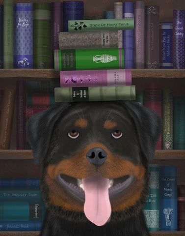 Rottweiller and Books White Modern Wood Framed Art Print with Double Matting by Fab Funky