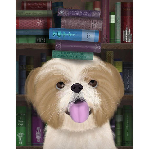 Shih Tsu and Books Black Modern Wood Framed Art Print with Double Matting by Fab Funky