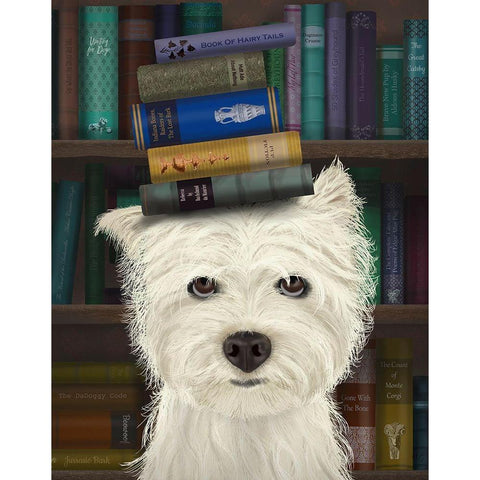 Westie and Books Gold Ornate Wood Framed Art Print with Double Matting by Fab Funky