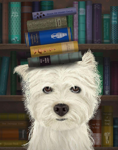 Westie and Books Black Ornate Wood Framed Art Print with Double Matting by Fab Funky