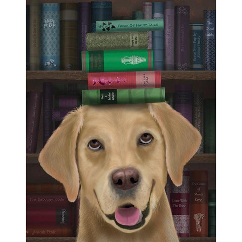 Yellow Labrador and Books Gold Ornate Wood Framed Art Print with Double Matting by Fab Funky