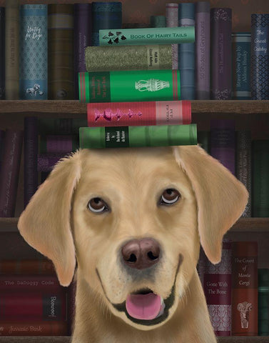 Yellow Labrador and Books Black Ornate Wood Framed Art Print with Double Matting by Fab Funky