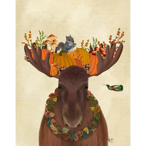 Moose and Pumpkins Gold Ornate Wood Framed Art Print with Double Matting by Fab Funky