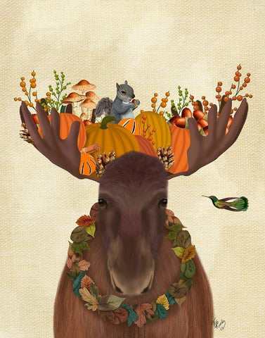 Moose and Pumpkins White Modern Wood Framed Art Print with Double Matting by Fab Funky