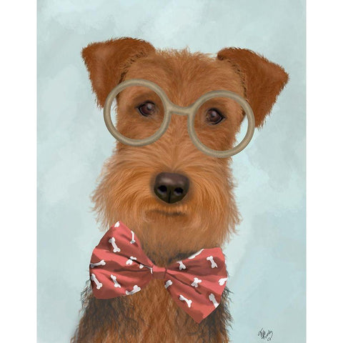 Airedale with Glasses and Bow Tie White Modern Wood Framed Art Print by Fab Funky