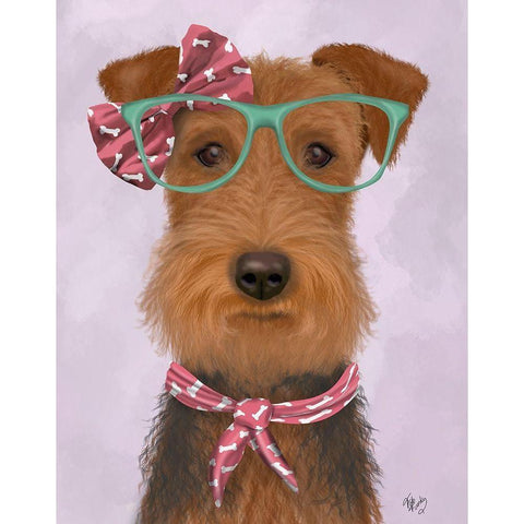 Airedale with Glasses and Scarf Gold Ornate Wood Framed Art Print with Double Matting by Fab Funky