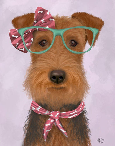 Airedale with Glasses and Scarf White Modern Wood Framed Art Print with Double Matting by Fab Funky