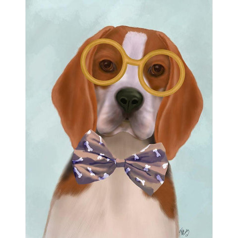 Beagle with Glasses and Bow Tie Black Modern Wood Framed Art Print with Double Matting by Fab Funky