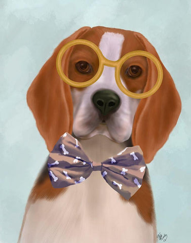 Beagle with Glasses and Bow Tie White Modern Wood Framed Art Print with Double Matting by Fab Funky