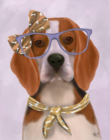 Beagle with Glasses and Scarf White Modern Wood Framed Art Print with Double Matting by Fab Funky