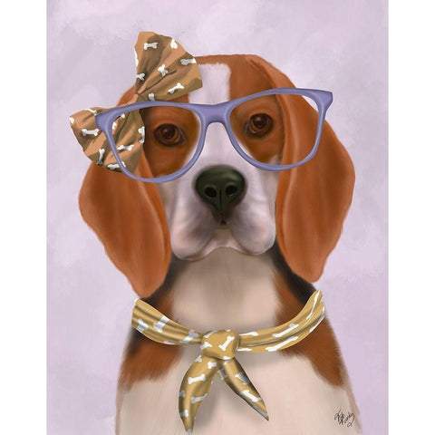 Beagle with Glasses and Scarf White Modern Wood Framed Art Print by Fab Funky