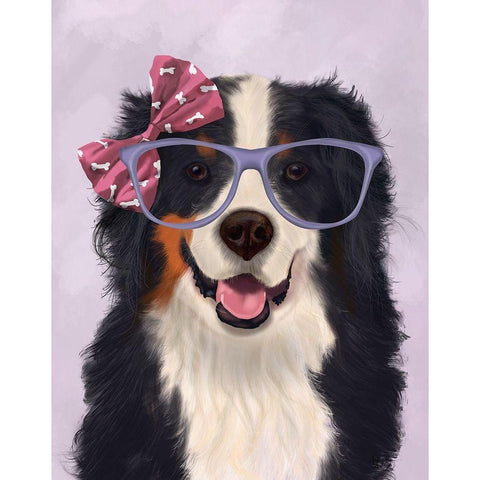 Bernese with Glasses and Bow Black Modern Wood Framed Art Print with Double Matting by Fab Funky