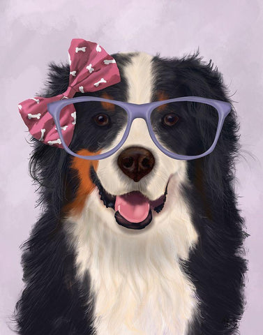 Bernese with Glasses and Bow White Modern Wood Framed Art Print with Double Matting by Fab Funky