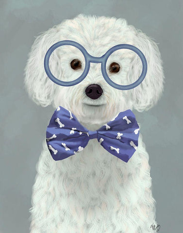 Bichon Frise with Glasses and Bow Tie Black Ornate Wood Framed Art Print with Double Matting by Fab Funky