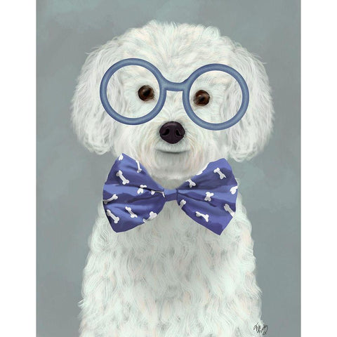 Bichon Frise with Glasses and Bow Tie White Modern Wood Framed Art Print by Fab Funky