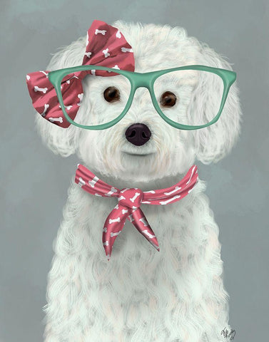 Bichon Frise with Glasses and Scarf Black Ornate Wood Framed Art Print with Double Matting by Fab Funky