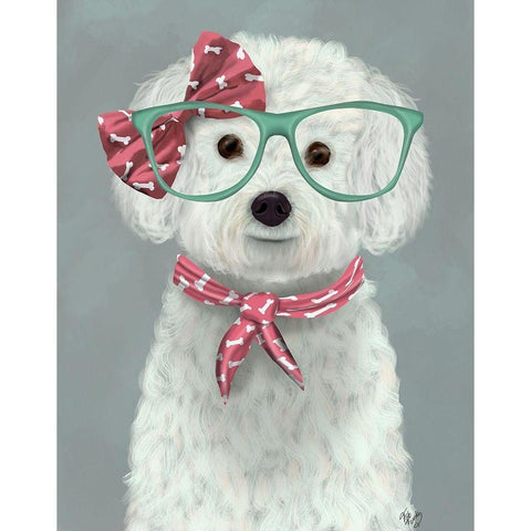 Bichon Frise with Glasses and Scarf Gold Ornate Wood Framed Art Print with Double Matting by Fab Funky