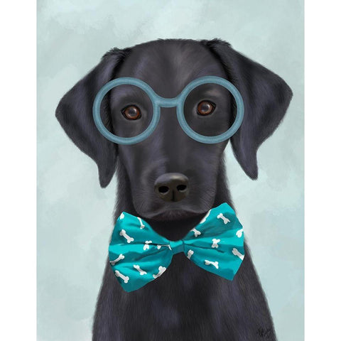 Black Labrador with Glasses and Bow Tie White Modern Wood Framed Art Print by Fab Funky