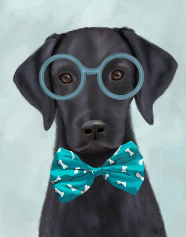 Black Labrador with Glasses and Bow Tie White Modern Wood Framed Art Print with Double Matting by Fab Funky