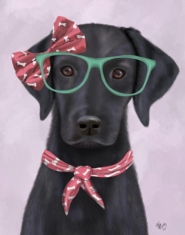 Black Labrador with Glasses and Scarf Black Ornate Wood Framed Art Print with Double Matting by Fab Funky