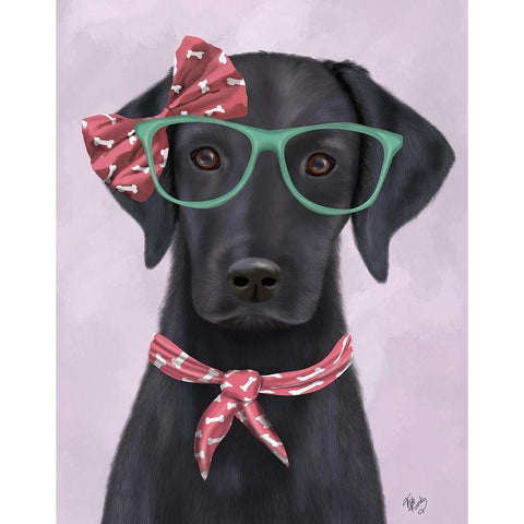 Black Labrador with Glasses and Scarf Gold Ornate Wood Framed Art Print with Double Matting by Fab Funky