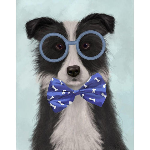 Border Collie, Black and White, with Glasses and Bow Tie White Modern Wood Framed Art Print by Fab Funky