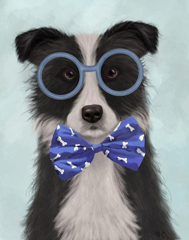 Border Collie, Black and White, with Glasses and Bow Tie White Modern Wood Framed Art Print with Double Matting by Fab Funky