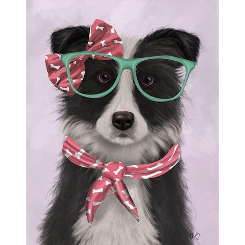 Border Collie, Black and White, with Glasses and Scarf Gold Ornate Wood Framed Art Print with Double Matting by Fab Funky