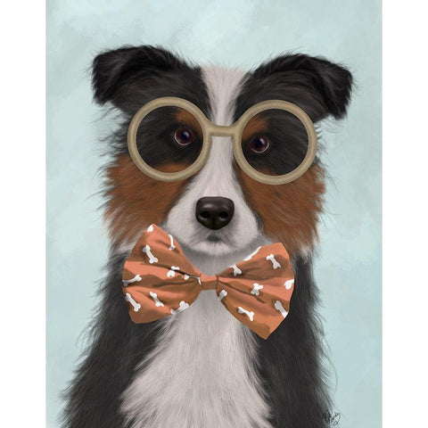 Border Collie, Tricolour, with Glasses and Bow Tie Gold Ornate Wood Framed Art Print with Double Matting by Fab Funky